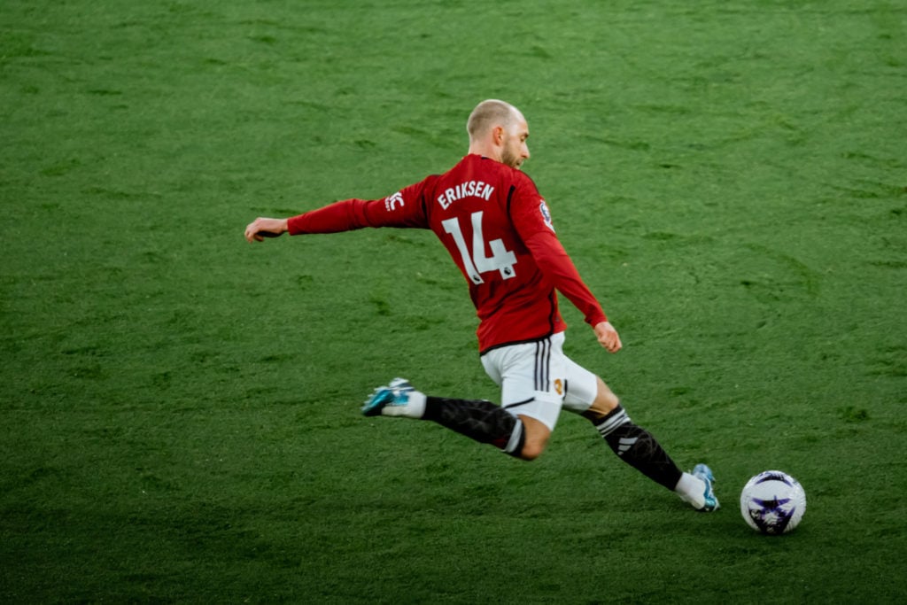 Christian Eriksen of Manchester United in action during the Premier League match between Manchester United and Sheffield United at Old Trafford on ...