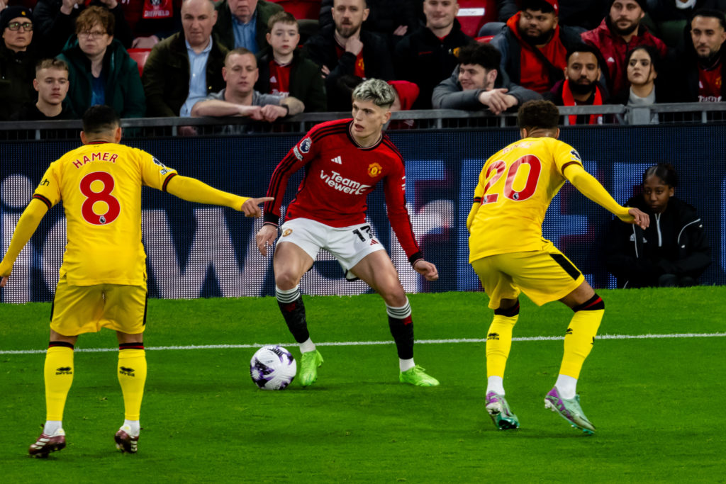 Alejandro Garnacho of Manchester United  in action during the Premier League match between Manchester United and Sheffield United at Old Trafford o...
