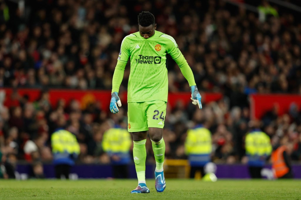 A dejected Andre Onana of Manchester United reacts during the Premier League match between Manchester United and Sheffield United at Old Trafford o...