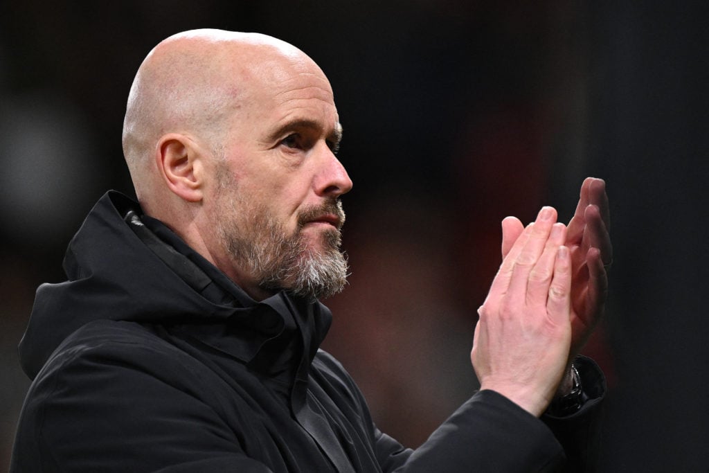 Manchester United's Dutch manager Erik ten Hag applauds the fans following the English Premier League football match between Manchester United and ...
