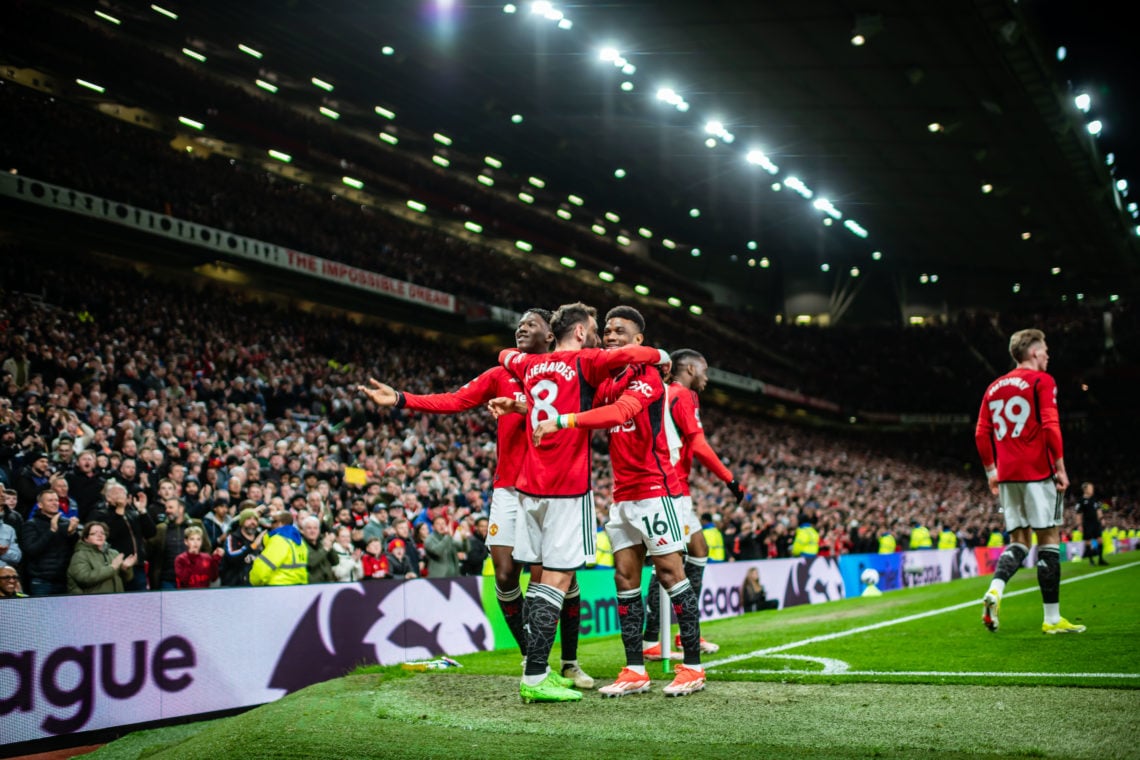 Bruno Fernandes of Manchester United celebrates scoring a goal to make the score 3-2 during the Premier League match between Manchester United and ...