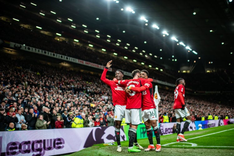 Bruno Fernandes of Manchester United celebrates scoring a goal to make the score 3-2 during the Premier League match between Manchester United and ...