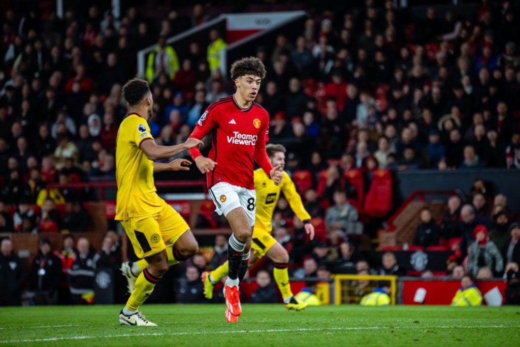 Ethan Wheatley of Manchester United in action during the Premier League match between Manchester United and Sheffield United at Old Trafford on Apr...