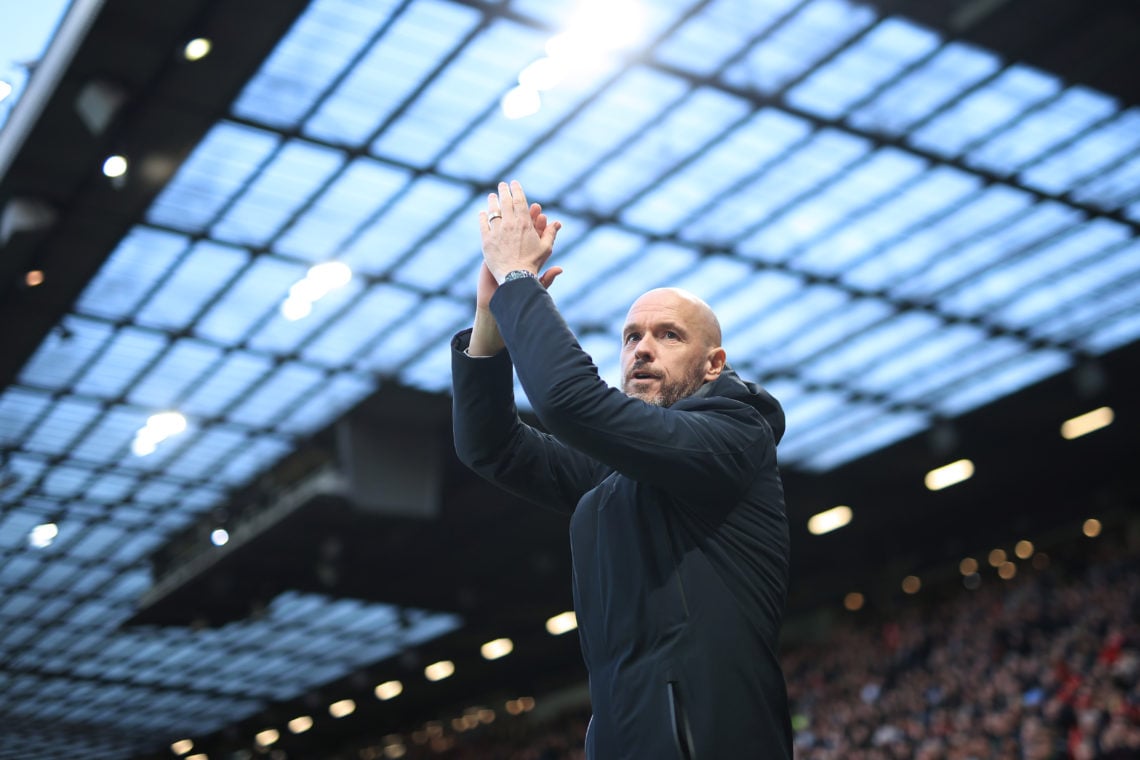 Manchester United manager Erik ten Hag applauds the support during the Premier League match between Manchester United and Sheffield United at Old T...