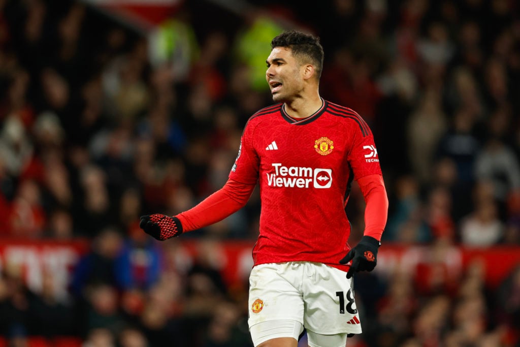 Casemiro of Manchester United during the Premier League match between Manchester United and Sheffield United at Old Trafford on April 24, 2024 in M...