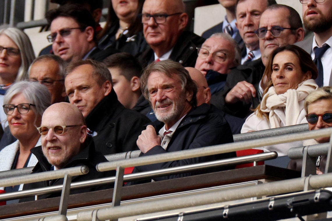 Avram Glazer, and Jim Ratcliffe, Shareholders of Manchester United, look on from the stands during the Emirates FA Cup Semi Final match between Cov...