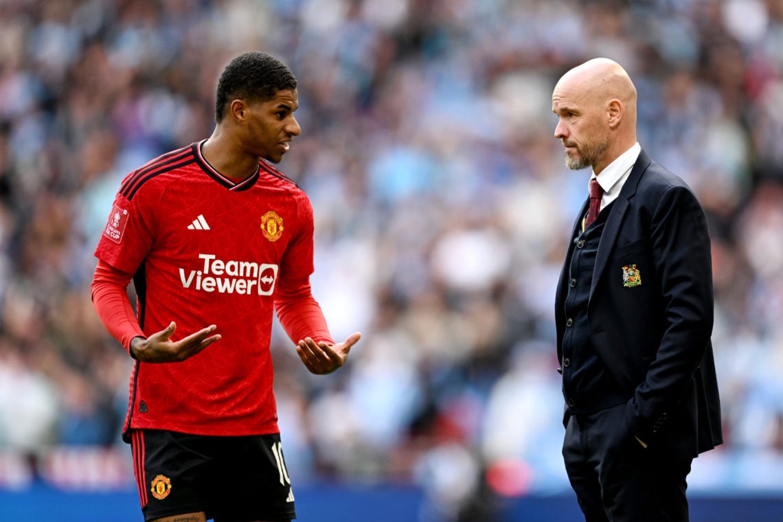 Marcus Rashford speaks to Erik ten Hag, Manager of Manchester United, during the Emirates FA Cup Semi Final match between Coventry City and Manches...