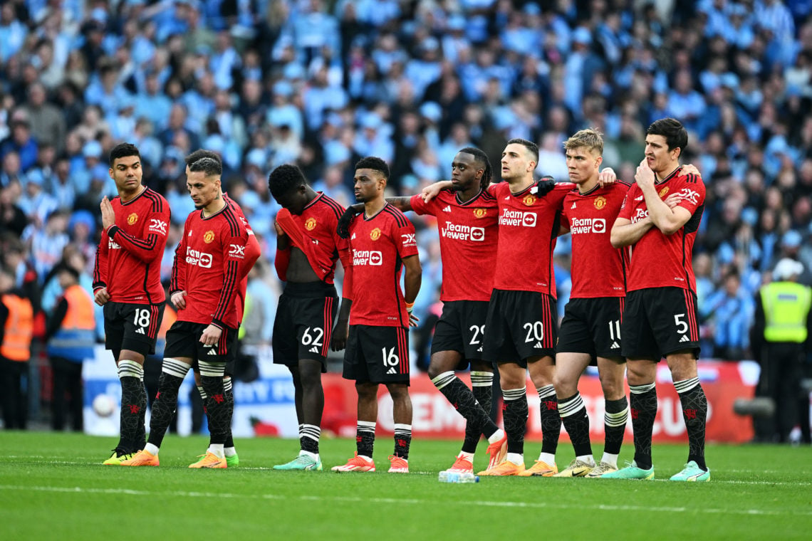 Manchester United players look on in the penalty shootout during the Emirates FA Cup Semi Final match between Coventry City and Manchester United a...