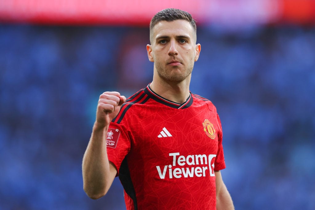 Manchester United's Diogo Dalot celebrates after the penalty shootout during the Emirates FA Cup semi-final between Coventry City and Manche...