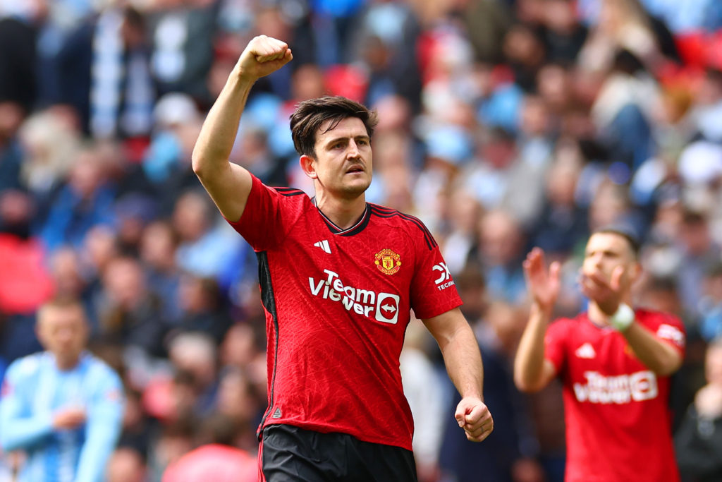 Harry Maguire of Manchester United celebrates scoring his side's second goal during the Emirates FA Cup Semi Final match between Coventry City and ...