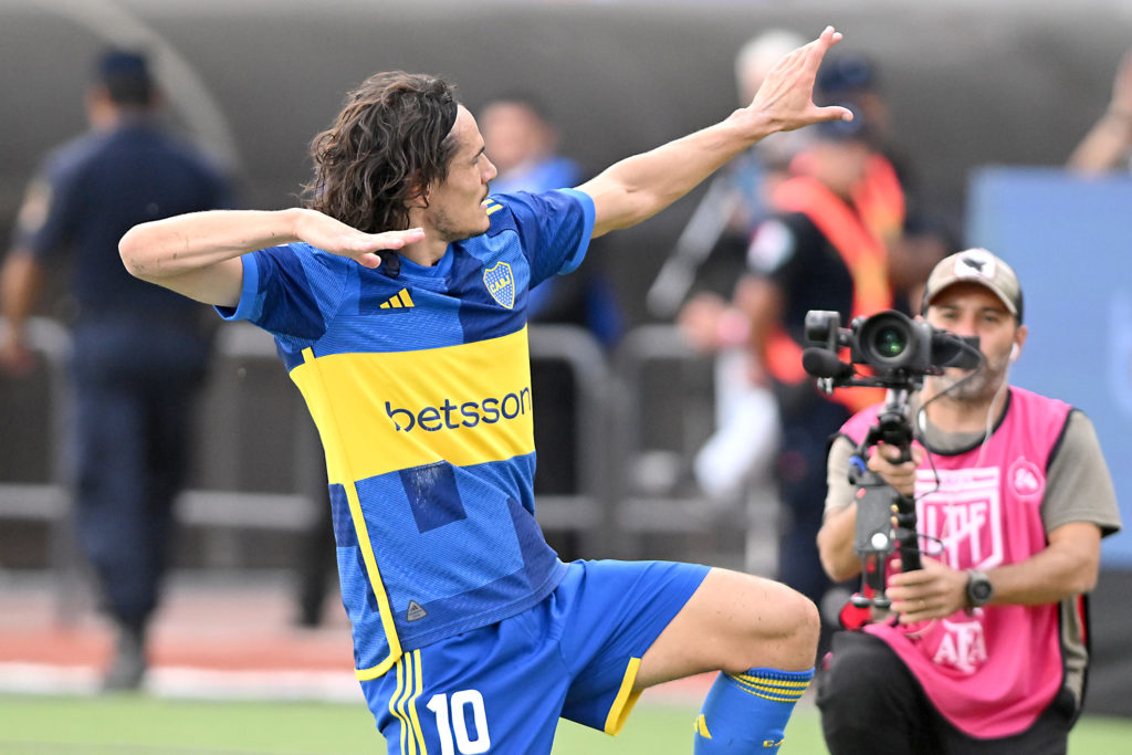 Edinson Cavani of Boca Juniors celebrates after scoring the team's second goal during a quarter final match of Copa de la Liga Profesional 2024 bet...