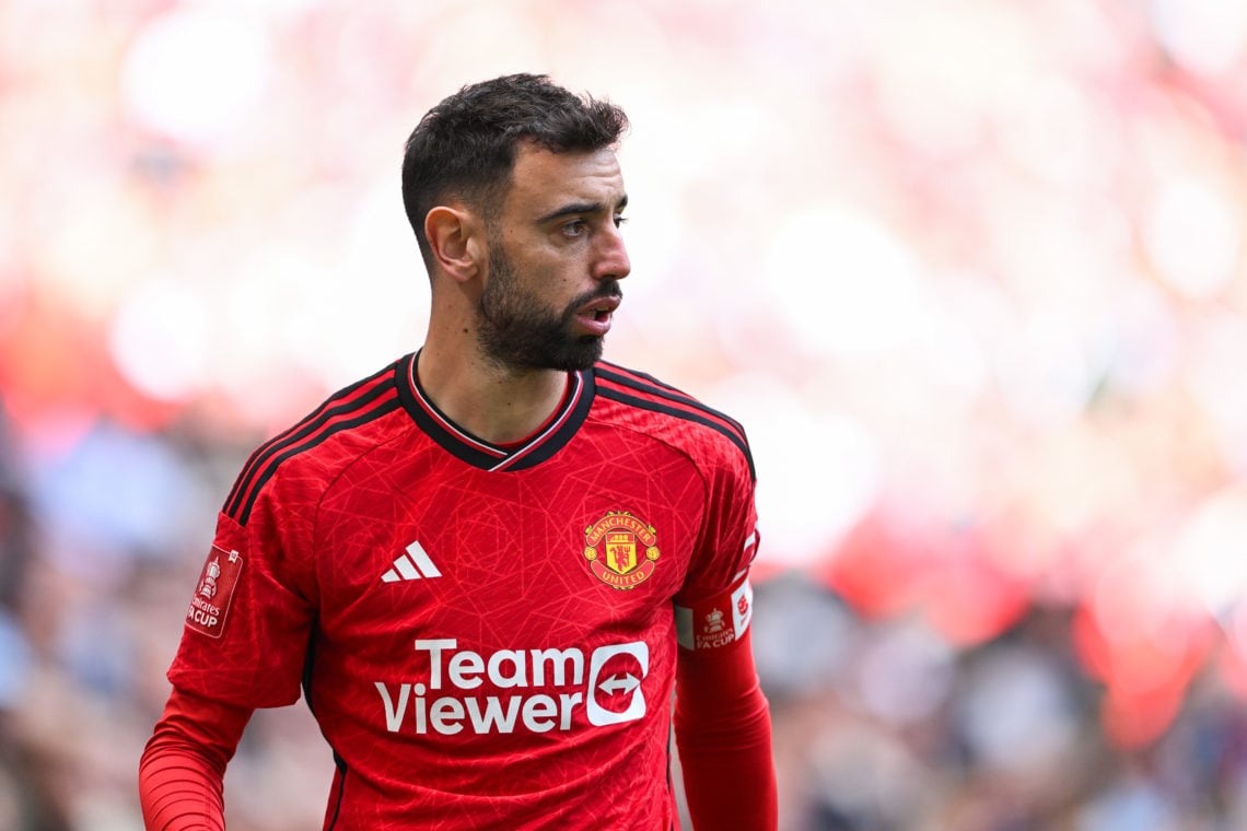 Bruno Fernandes of Manchester United looks on during the Emirates FA Cup Semi Final match between Coventry City and Manchester United at Wembley St...