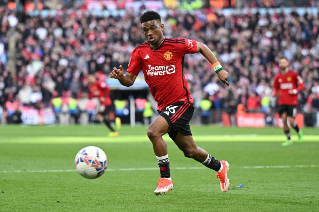 Amad Diallo of Manchester United in action during the Emirates FA Cup Semi Final match between Coventry City and Manchester United at Wembley Stadi...