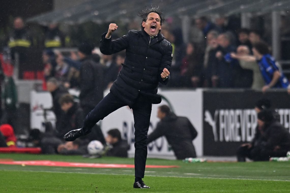 Simone Inzaghi head coach of FC Internaziona in action celebrates during the Serie A TIM match between AC Milan and FC Internazionale at Stadio Giu...