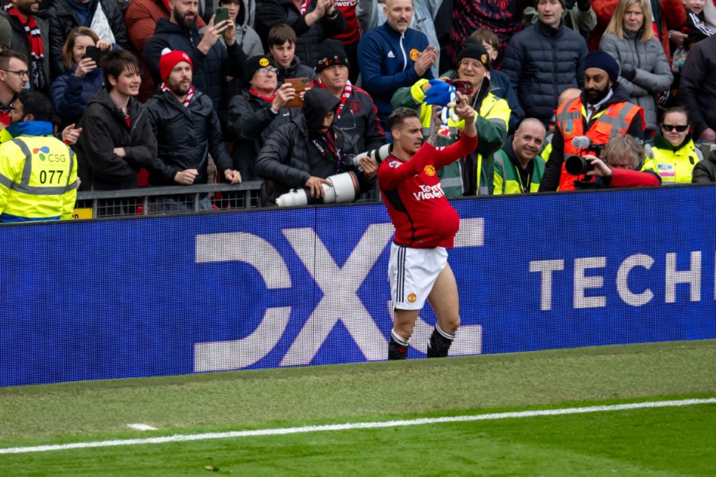 Antony of Manchester United celebrates scoring a goal to make the score 1-0 during the Premier League match between Manchester United and Burnley F...