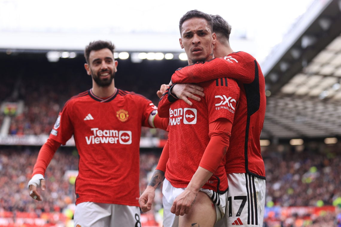 Antony of Manchester United (R) celebrates after scoring their 1st goal during the Premier League match between Manchester United and Burnley FC at...