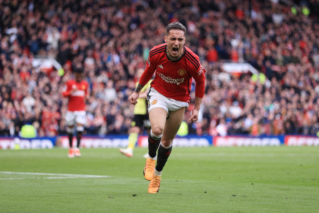 Antony of Manchester United celebrates after scoring their 1st goal during the Premier League match between Manchester United and Burnley FC at Old...