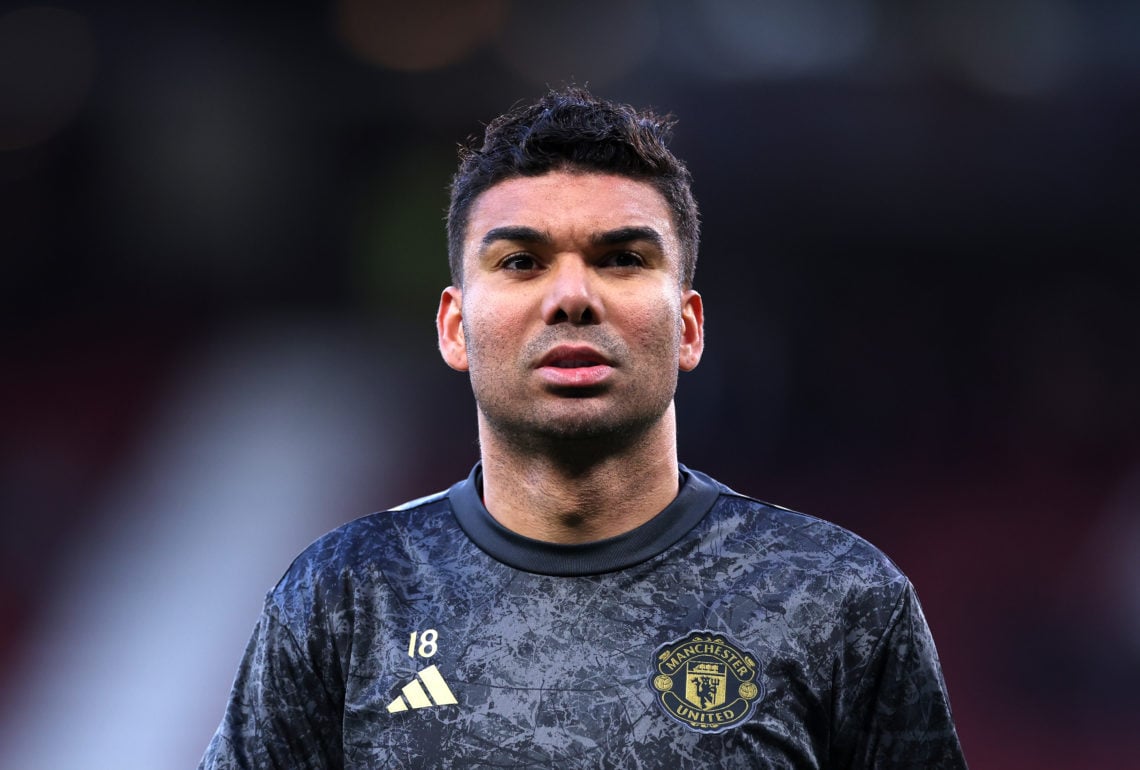Casemiro of Manchester United looks on as he warms up prior to the Premier League match between Manchester United and Sheffield United at Old Traff...