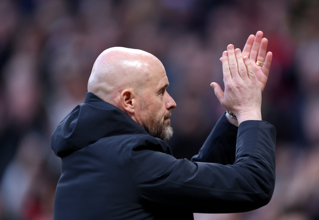 Erik ten Hag, Manager of Manchester United, applauds the fans prior to the Premier League match between Manchester United and Sheffield United at O...