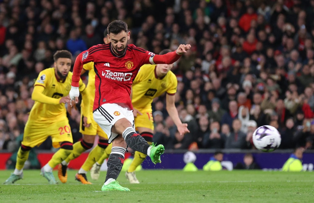 Bruno Fernandes of Manchester United scores his team's second goal from a penalty kick during the Premier League match between Manchester United an...
