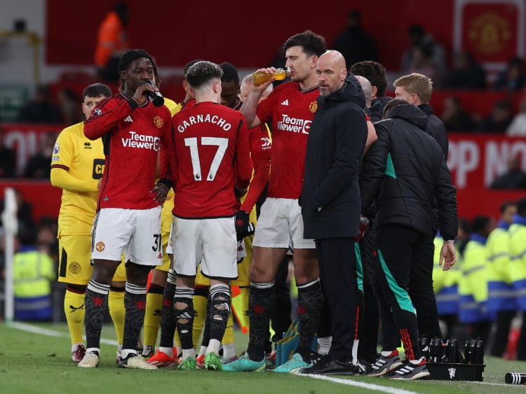 Manager Erik ten Hag of Manchester United watches from the touchline during the Premier League match between Manchester United and Sheffield United...