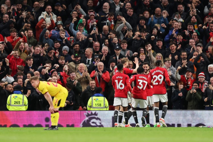 Bruno Fernandes of Manchester United celebrates scoring his team's third goal with Rasmus Hojlund, Amad Diallo, Kobbie Mainoo and Aaron Wan-Bissaka...