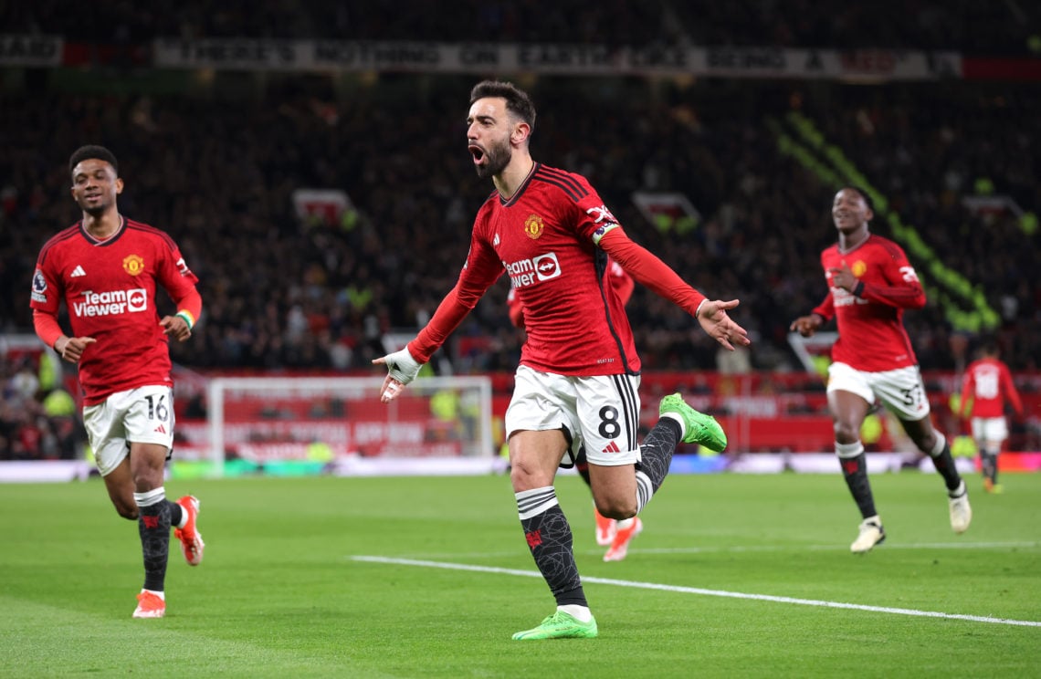 Bruno Fernandes of Manchester United celebrates scoring his team's third goal during the Premier League match between Manchester United and Sheffie...