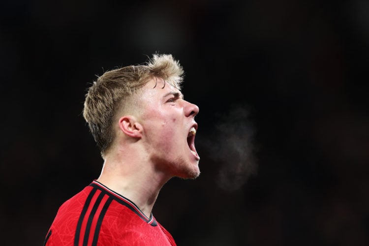 Rasmus Hojlund of Manchester United celebrates scoring his team's fourth goal during the Premier League match between Manchester United and Sheffie...