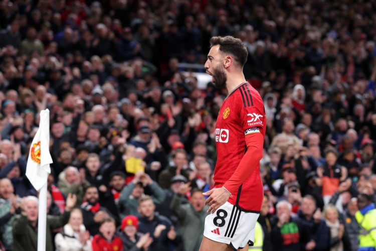 Bruno Fernandes of Manchester United celebrates scoring his team's third goal during the Premier League match between Manchester United and Sheffie...