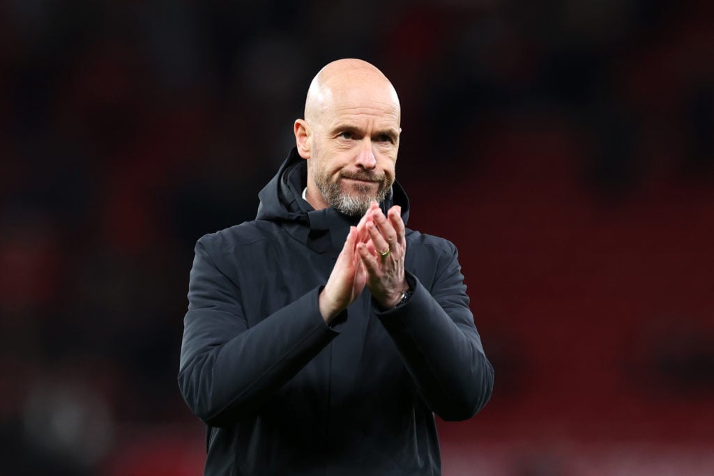 Erik ten Hag, Manager of Manchester United, applauds the fans after the team's victory in the Premier League match between Manchester United and Sh...