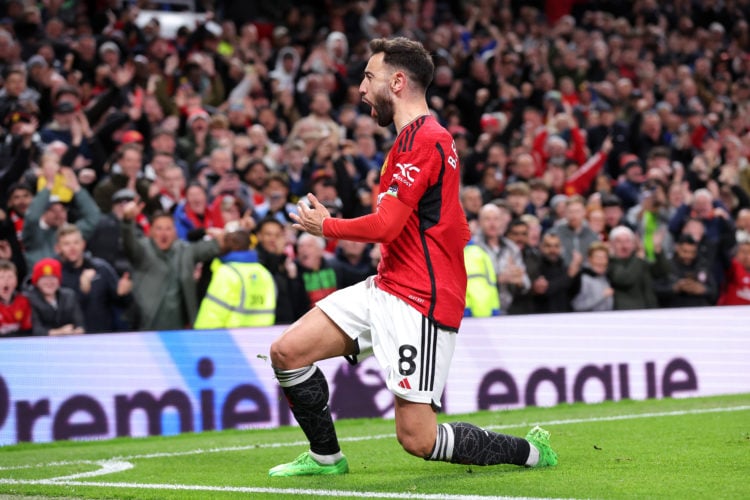 Bruno Fernandes of Manchester United celebrates scoring his team's third goal during the Premier League match between Manchester United and Sheffie...