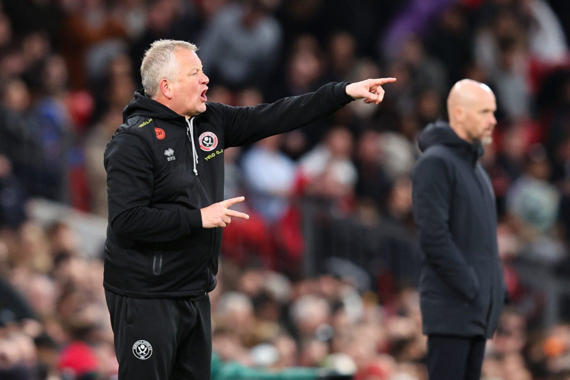 Chris Wilder, Manager of Sheffield United, gives the team instructions during the Premier League match between Manchester United and Sheffield Unit...