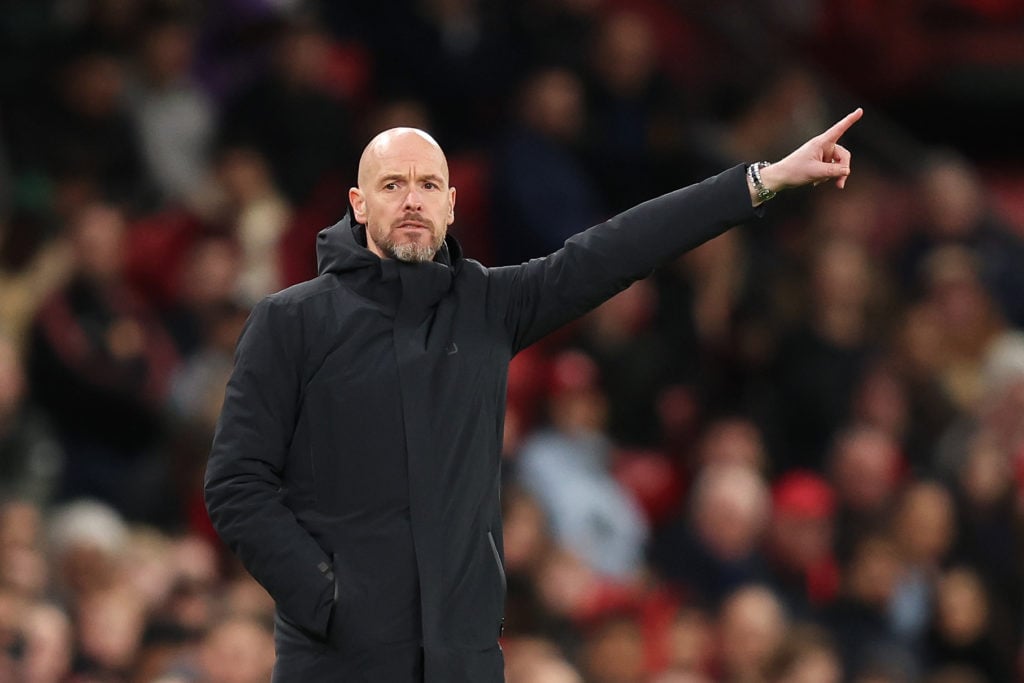 Erik ten Hag, Manager of Manchester United, points during the Premier League match between Manchester United and Sheffield United at Old Trafford o...