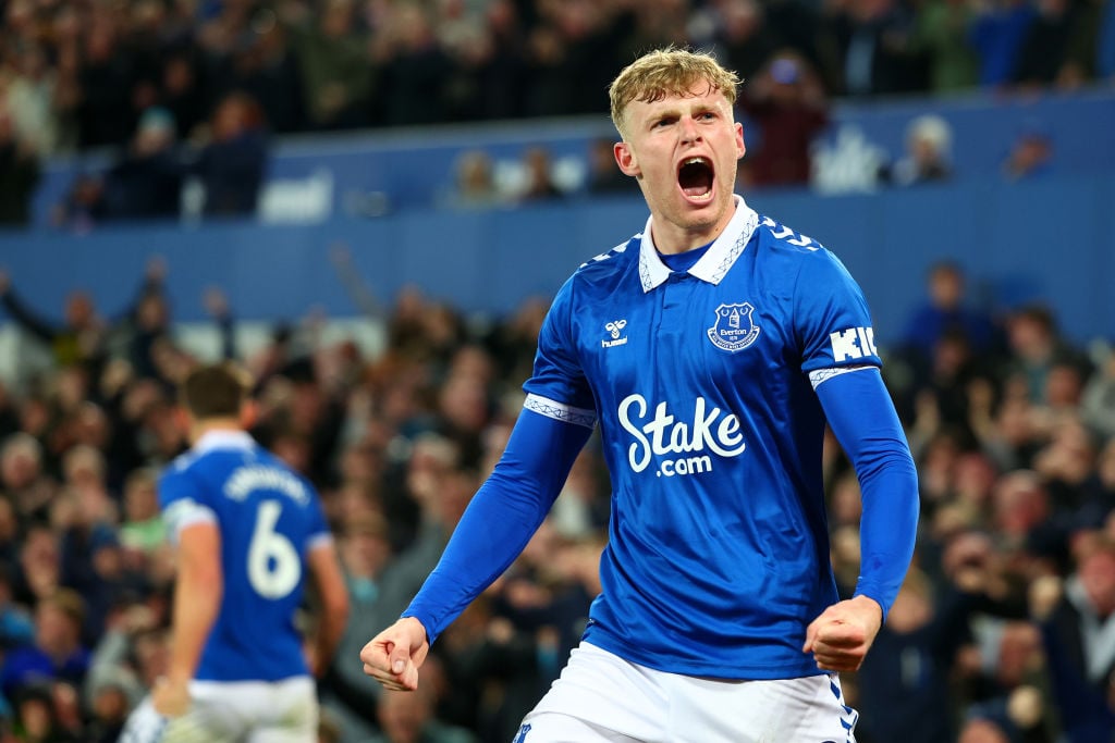 Jarrad Branthwaite of Everton celebrates his side's second goal during the Premier League match between Everton FC and Liverpool FC at Goodison Par...