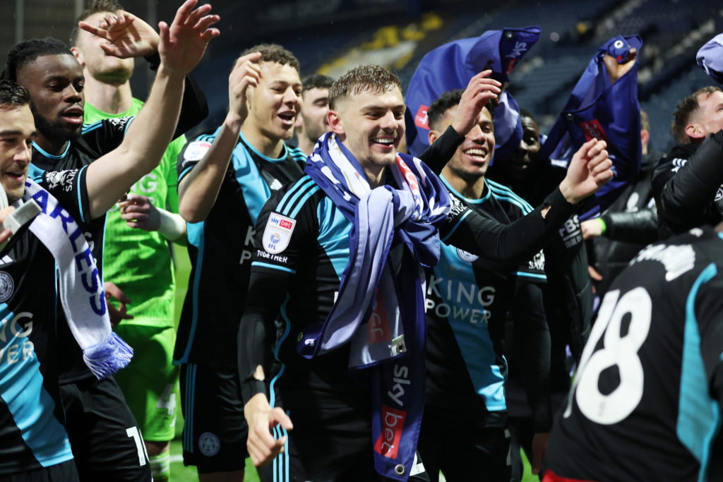 Kiernan Dewsbury-Hall of Leicester City celebrates after securing the Sky Bet Championship title after the Sky Bet Championship match between Prest...