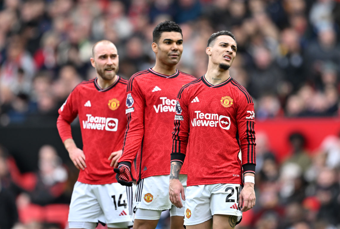 Antony, Casemiro and Christian Eriksen of Manchester United react during the Premier League match between Manchester United and Burnley FC at Old T...