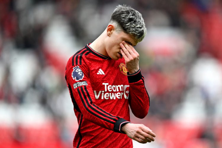 Alejandro Garnacho of Manchester United reacts after the Premier League match between Manchester United and Burnley FC at Old Trafford on April 27,...