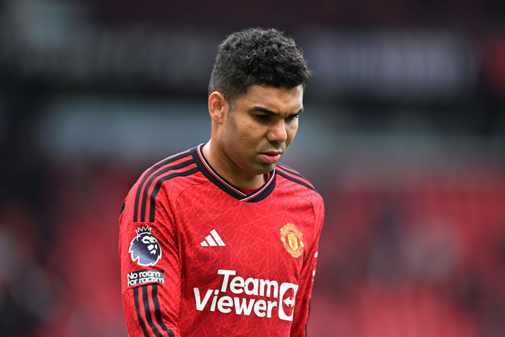 Manchester United's Casemiro reacts after the Premier League match between Manchester United and Burnley FC at Old Trafford on April 27, 2024 in M...