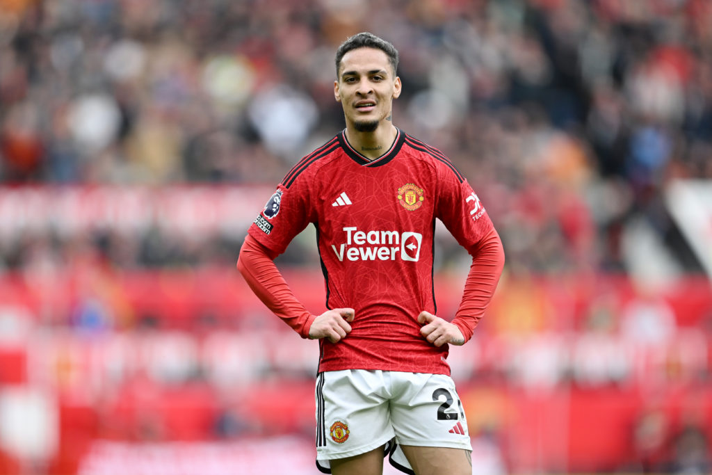 Antony of Manchester United looks on during the Premier League match between Manchester United and Burnley FC at Old Trafford on April 27, 2024 in ...