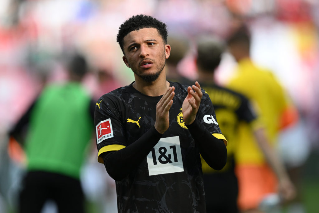Jadon Sancho of Dortmund looks on during the Bundesliga match between RB Leipzig and Borussia Dortmund at Red Bull Arena on April 27, 2024 in Leipz...