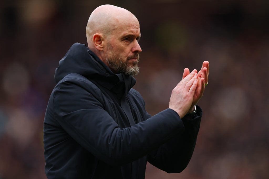 Erik ten Hag, manager of Manchester United,  during the Premier League match between Manchester United and Burnley FC at Old Trafford on April 27, ...