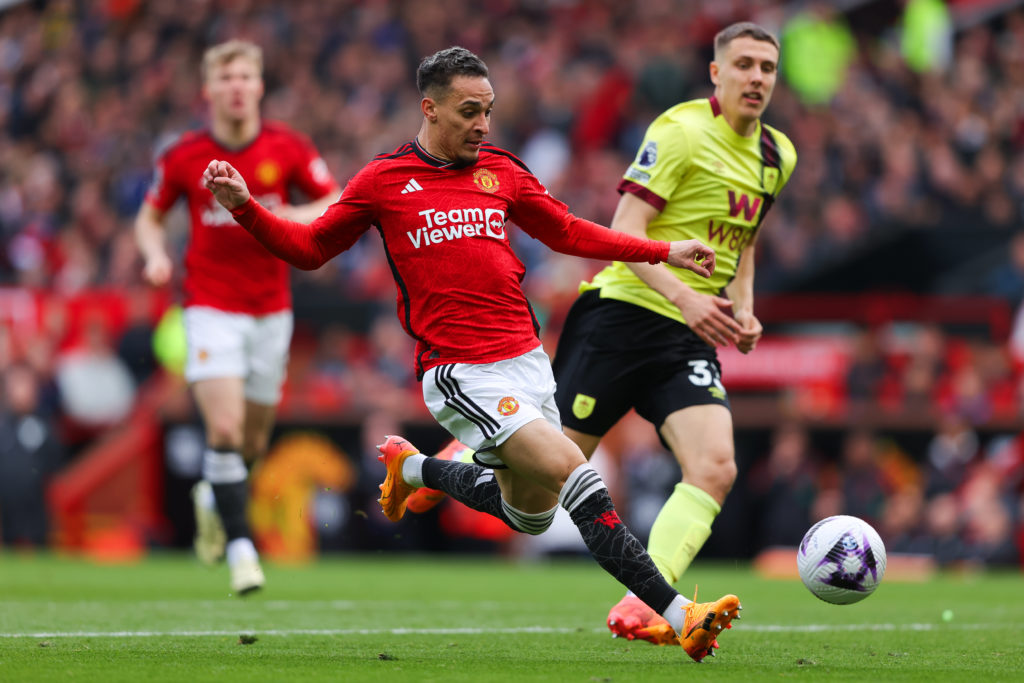 Antony of Manchester United during the Premier League match between Manchester United and Burnley FC at Old Trafford on April 27, 2024 in Mancheste...