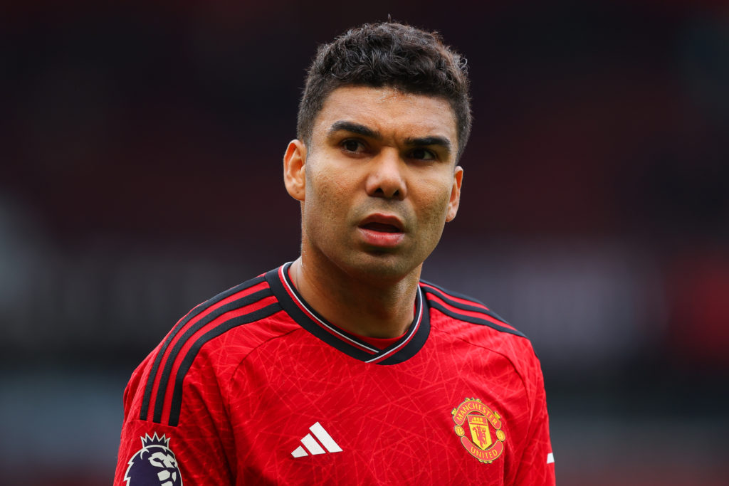Casemiro of Manchester United during the Premier League match between Manchester United and Burnley FC at Old Trafford on April 27, 2024 in Manches...