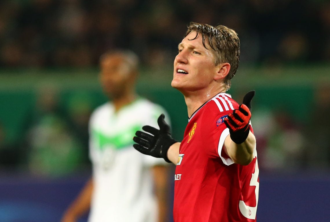 Bastian Schweinsteiger of Manchester United reacts during the UEFA Champions League group B match between VfL Wolfsburg and Manchester United at th...