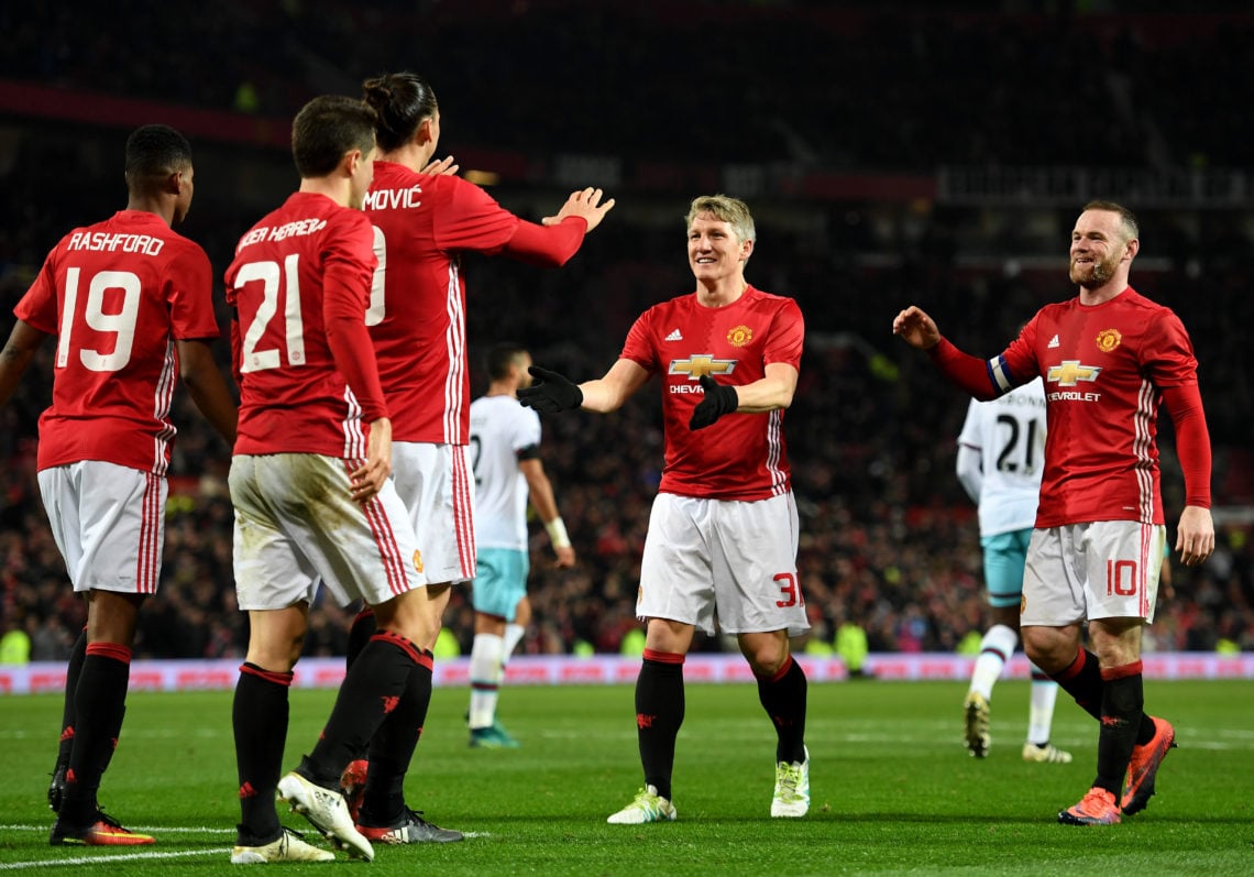 Zlatan Ibrahimovic of Manchester United celebrates with team mates after scoring his team's fourth goal of the game during the EFL Cup quarter fina...