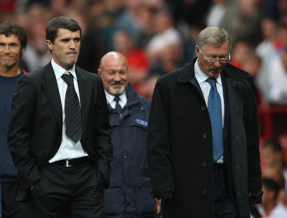 Manchester United Manager Sir Alex Ferguson (R) and Sunderland Manager Roy Keane leave the playing area at the end of the Barclays Premier League m...