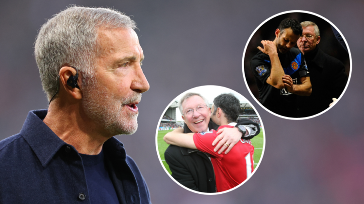 Graeme Souness at the Scotland vs England match at Hampden Park, featuring overlay images of Manchester United legend Ryan Giggs.