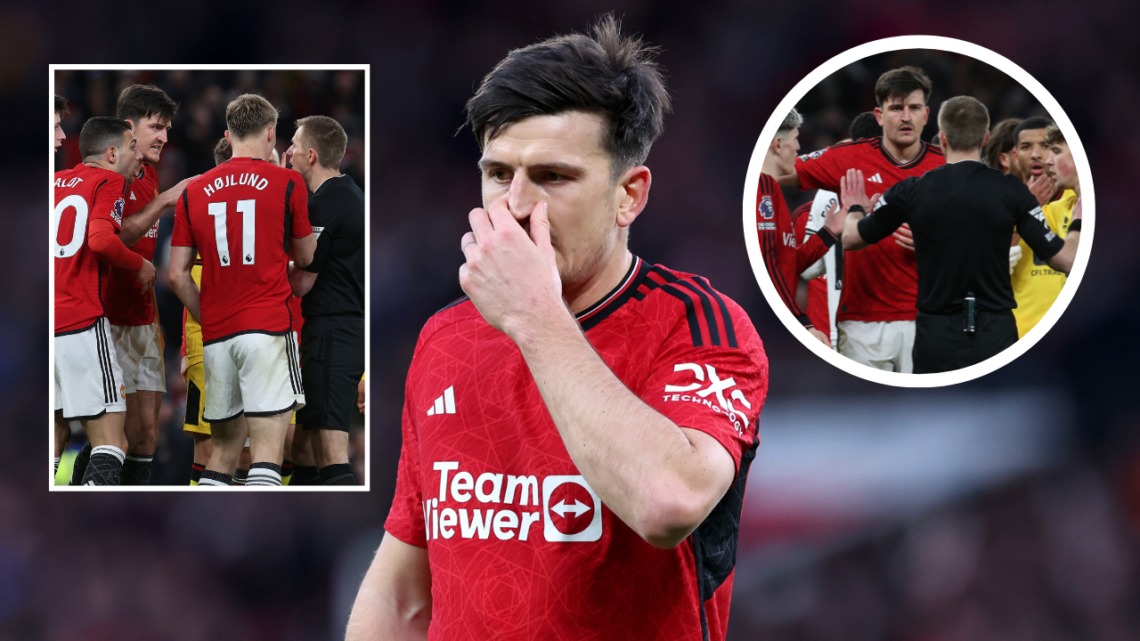 Harry Maguire looks dejected as he walks off. Inset, Harry Maguire and teammates argue with the referee, in two separate images