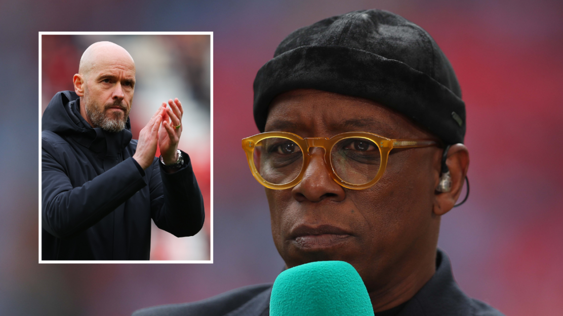 Ian Wright pictured at Wembley as a pundit for ITV, inset image of Erik ten Hag applauding Manchester United fans