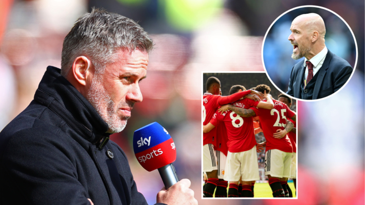 Jamie Carragher speaks to Sky Sports. Inset image of Erik ten Hag. Another inset picture of Bruno Fernandes and Jadon Sancho celebrating a goal